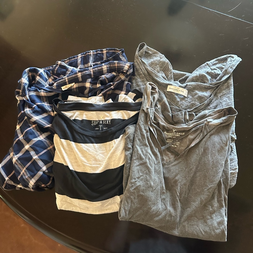 Lot of four medium tops. Gray, green,  Striped and plaid.